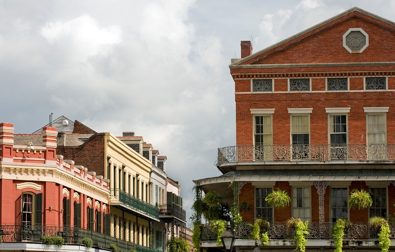 Typical houses with exquisite ironwork in French Quarter, New Orleans